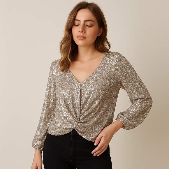 NWT Cable & Gauge Sequin Twist Front Blouse S Champagne - Picture 1 of 13